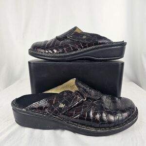 Finn Comfort ORB Black/Brown Croc Print Leather Clogs Mules Size 38, Womens 8.5